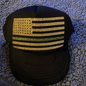 Black Trucker Hat with Glitter Flag Design